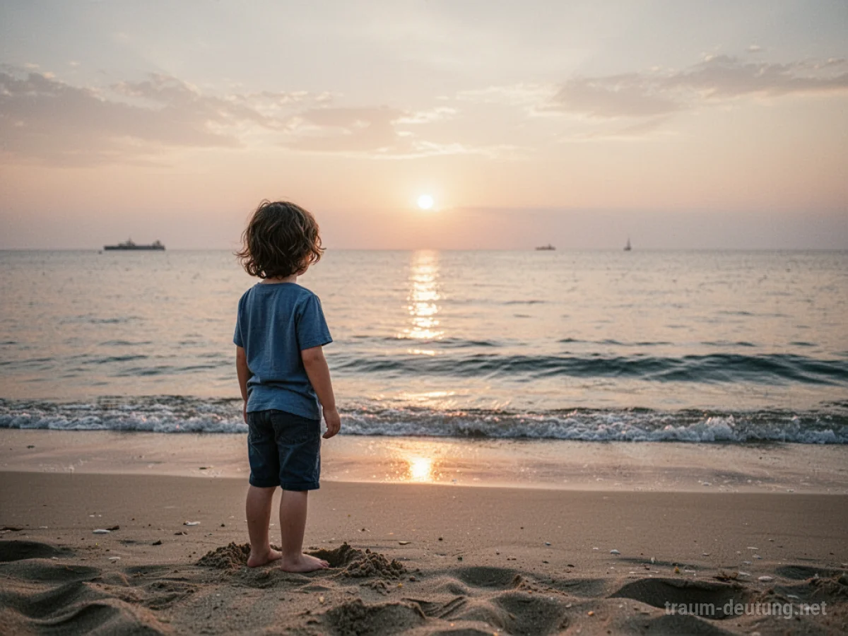Kind steht am Strand bei Sonnenuntergang, Blick auf das Meer