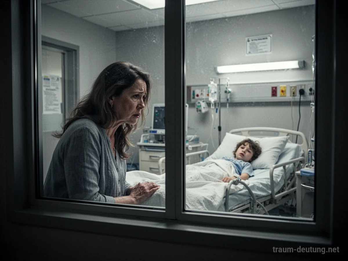 Ein Kind liegt im Krankenhausbett, während eine Mutter besorgt durch das Fenster blickt.