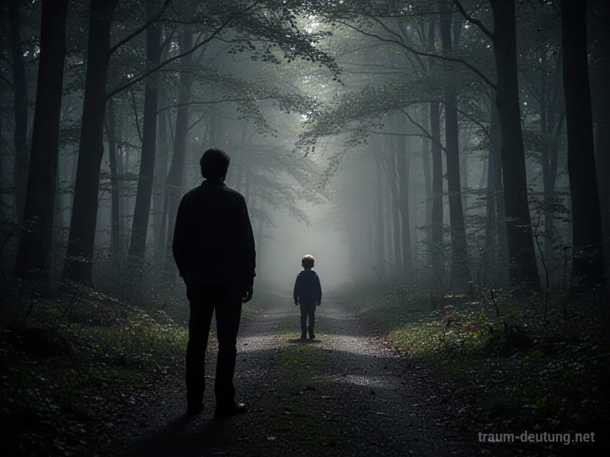Silhouette einer Mutterfigur, die einem davonlaufenden Kind im Wald nachsieht