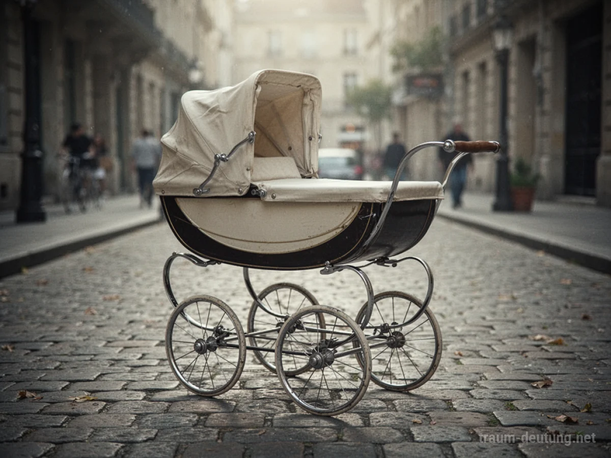 Ein leerer Kinderwagen steht auf einer Kopfsteinpflasterstraße.