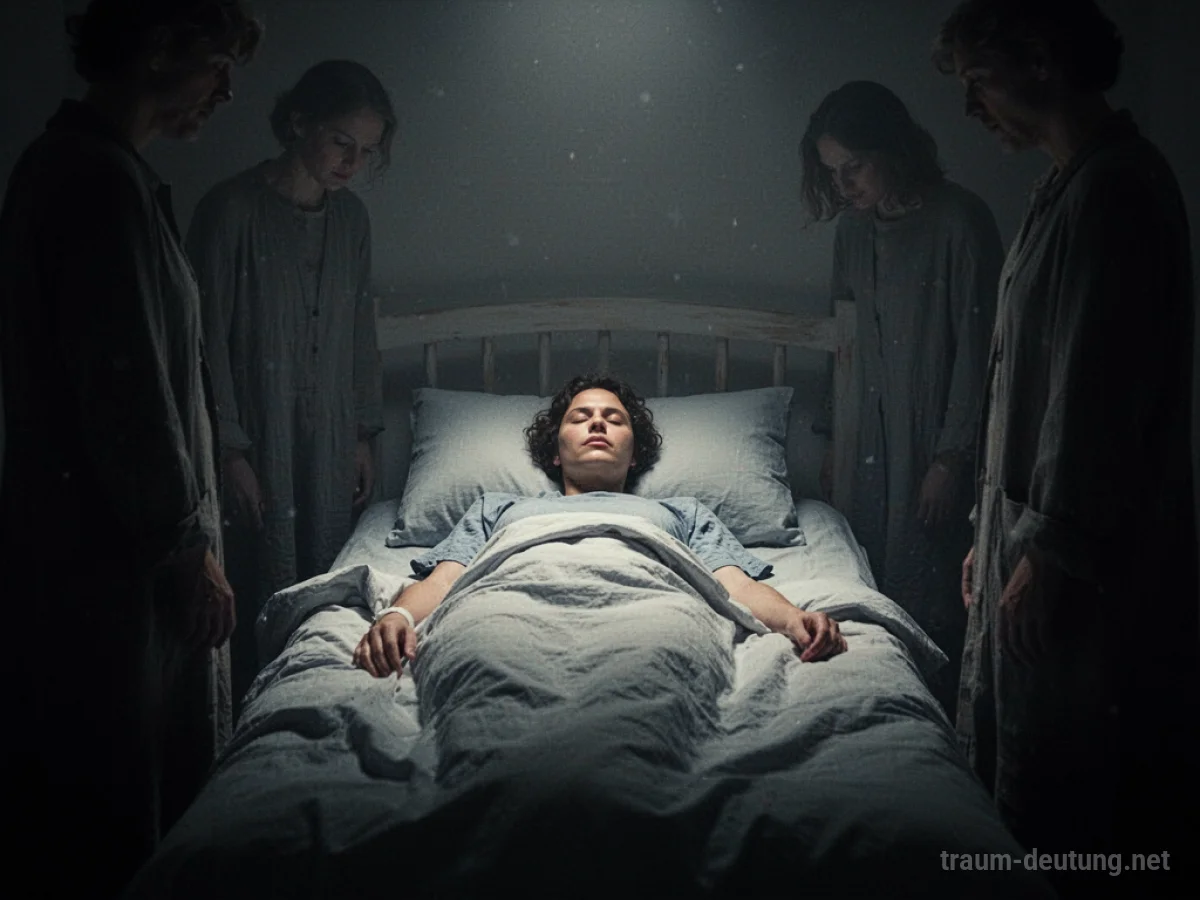 Eine Person liegt wie gelähmt im Bett, umgeben von dunklen Silhouetten.