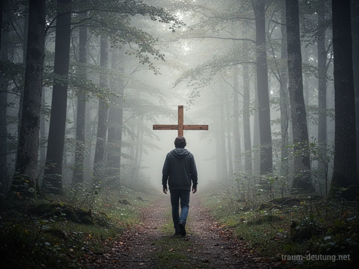 Eine Person mit einem Holzkreuz auf einem Weg im Nebelwald.