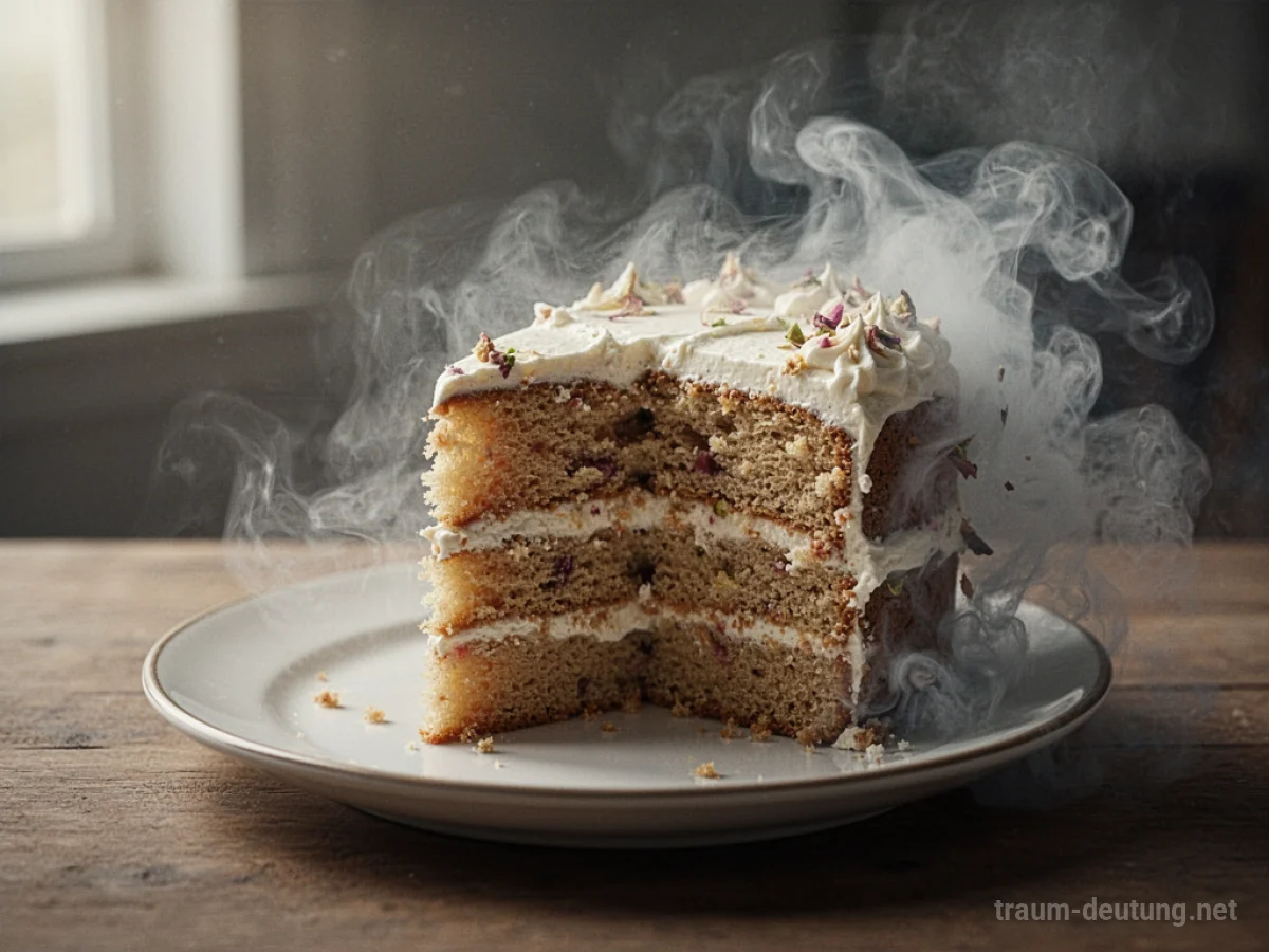 Ein Kuchenstück auf einem Teller, der Rest des Kuchens löst sich in Nebel auf.