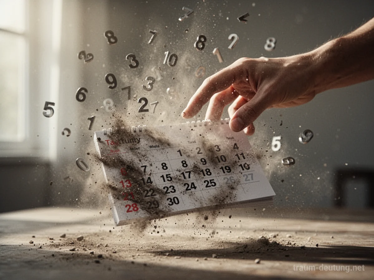 Ein Kalender, der sich in Staub auflöst, mit verstreuten Zahlen und Daten.
