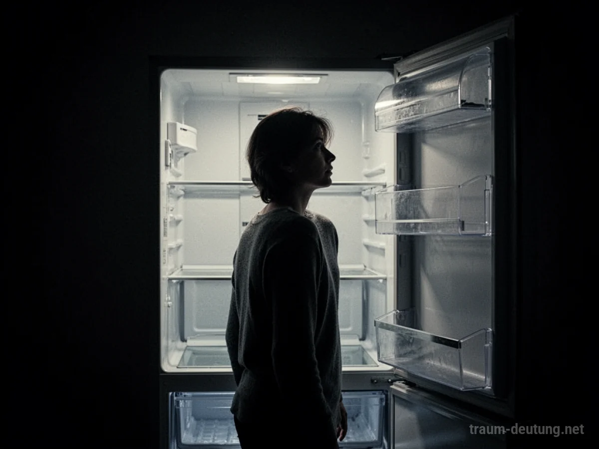 Silhouetten eines Menschen in einem offenen, hell erleuchteten Kühlschrank.