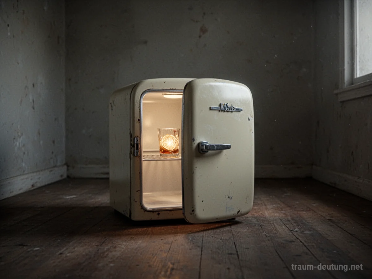 Ein kleiner, retro-inspirierter Minikühlschrank in einem dunklen Raum.