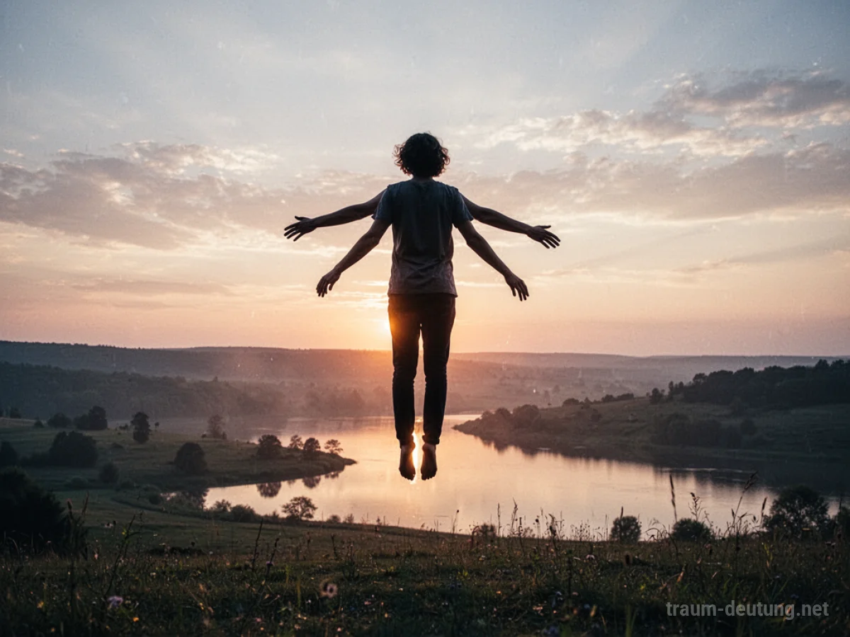 Menschliche Silhouette schwebt frei über einer ruhigen Landschaft bei Sonnenaufgang.