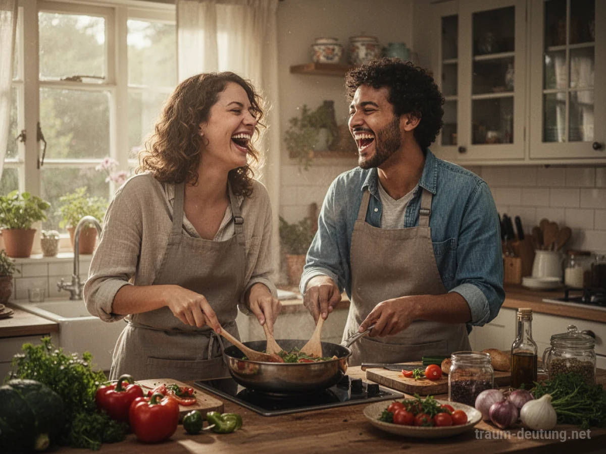 Zwei Freunde lachen und kochen gemeinsam in einer hellen Küche.