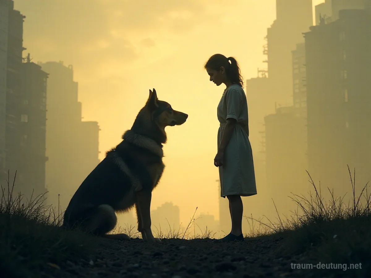 Mensch und Hund stehen sich angespannt gegenüber, symbolische Darstellung eines inneren Konflikts.