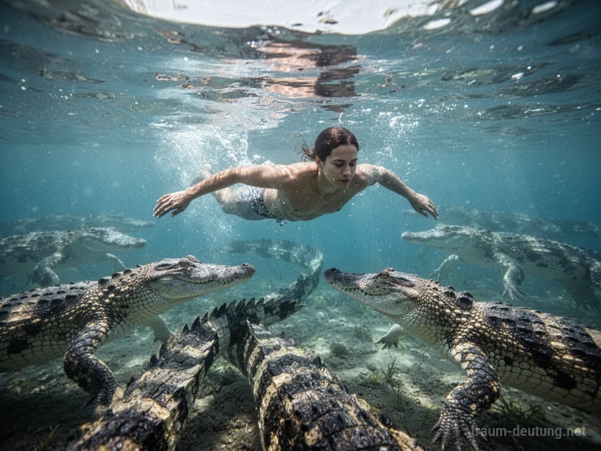 Eine Person schwimmt im Wasser, während Krokodile unter der Oberfläche zu sehen sind.