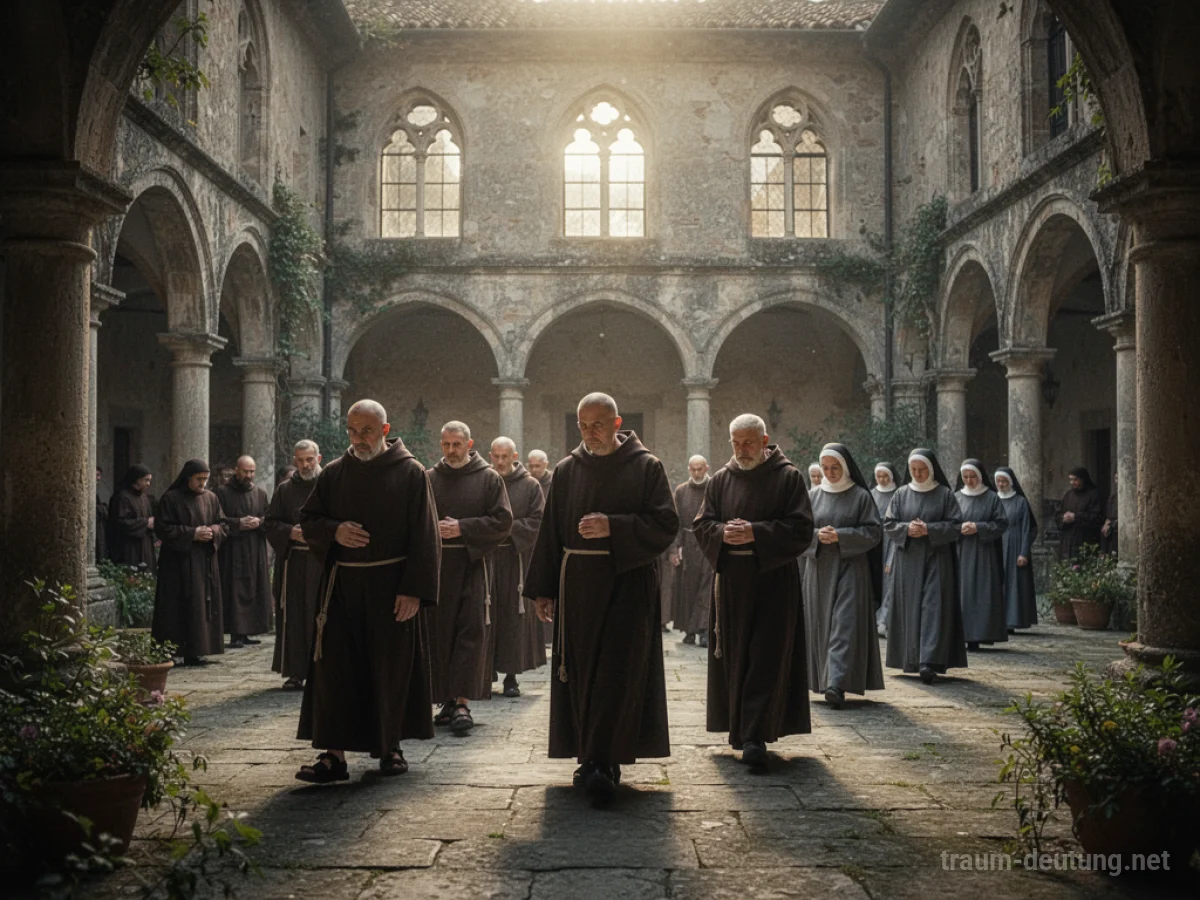 Mönche und Nonnen schreiten durch einen alten Klosterhof im Sonnenlicht.