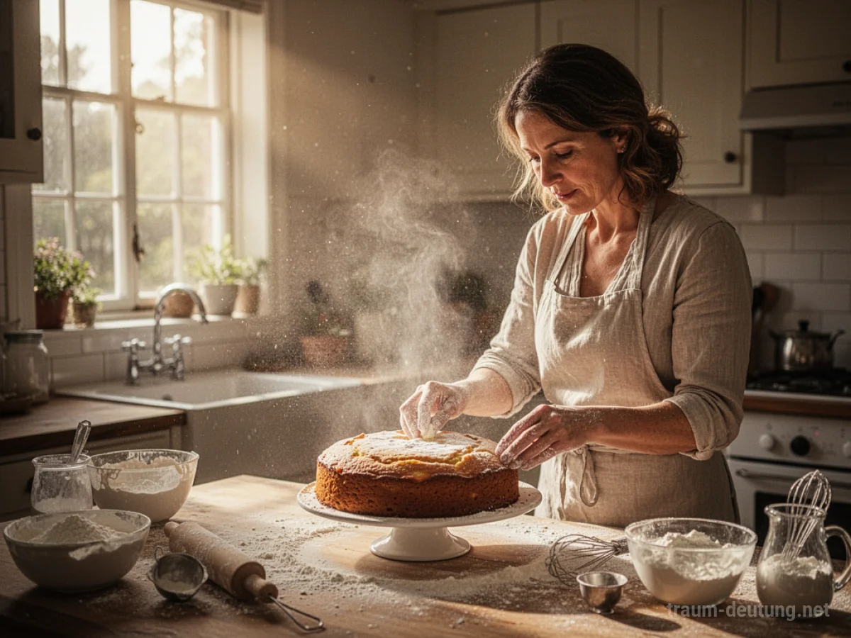 Mutter dekoriert einen Kuchen in einer sonnigen Küche