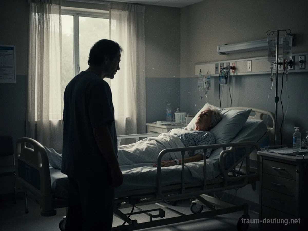 Silhouetten einer Person, die eine liegende Gestalt im Krankenhausbett betrachtet
