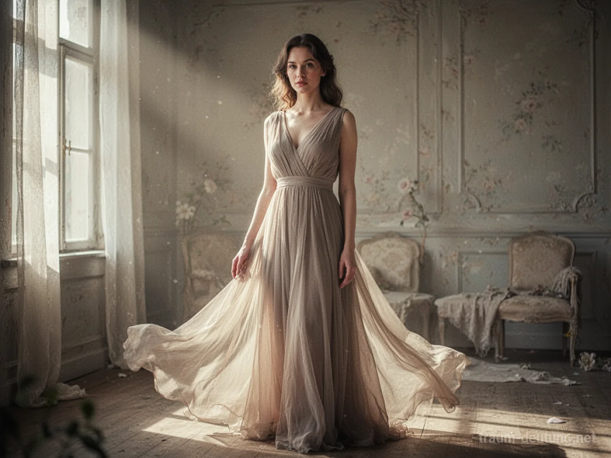 Mutter in einem eleganten Kleid steht in einem hellen Raum