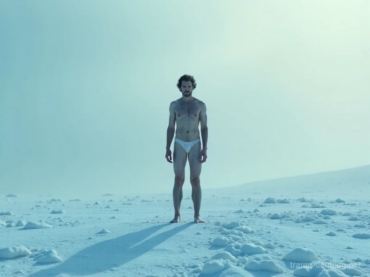 Eine Person steht nackt und zitternd in einer kalten, windigen Landschaft.
