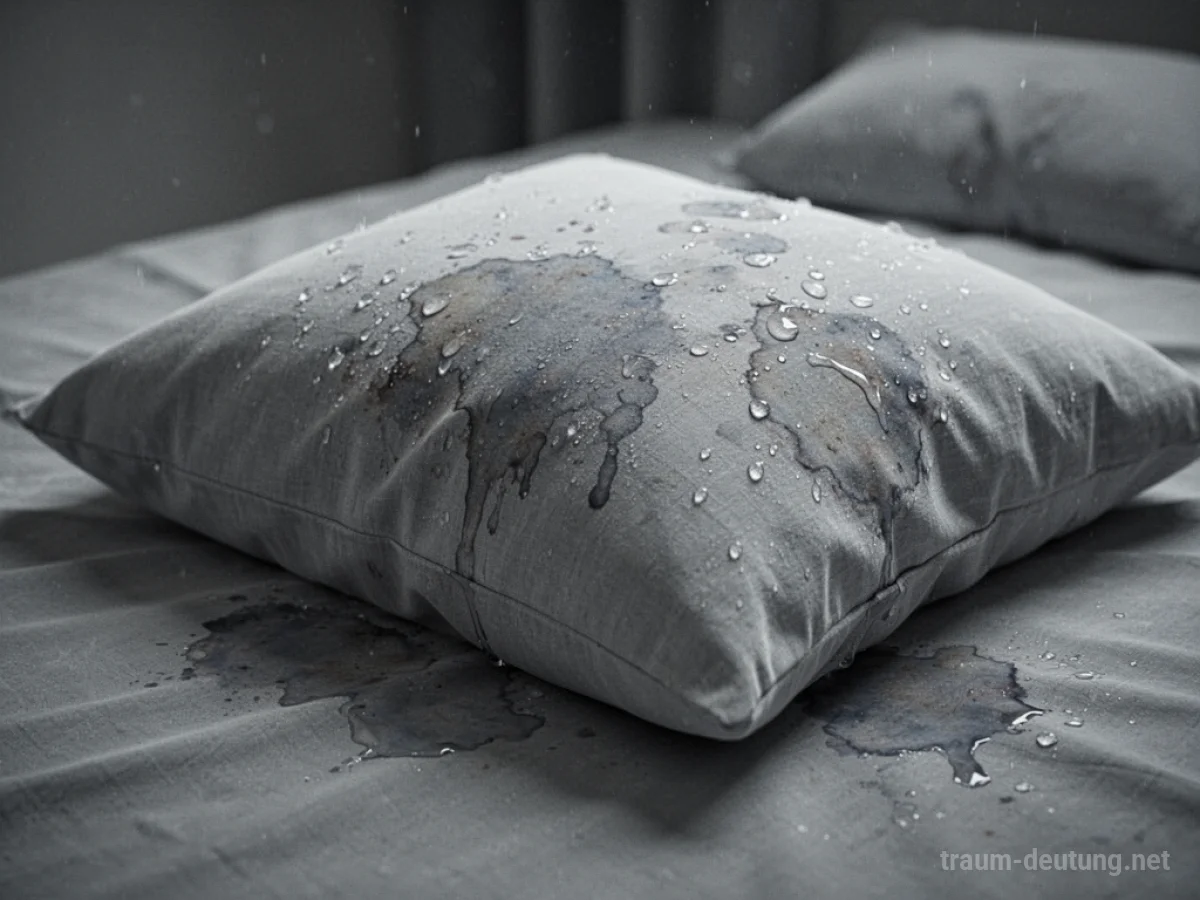 Ein nasses Kissen auf einem Bett, mit deutlichen Wasserflecken auf dem Stoff.