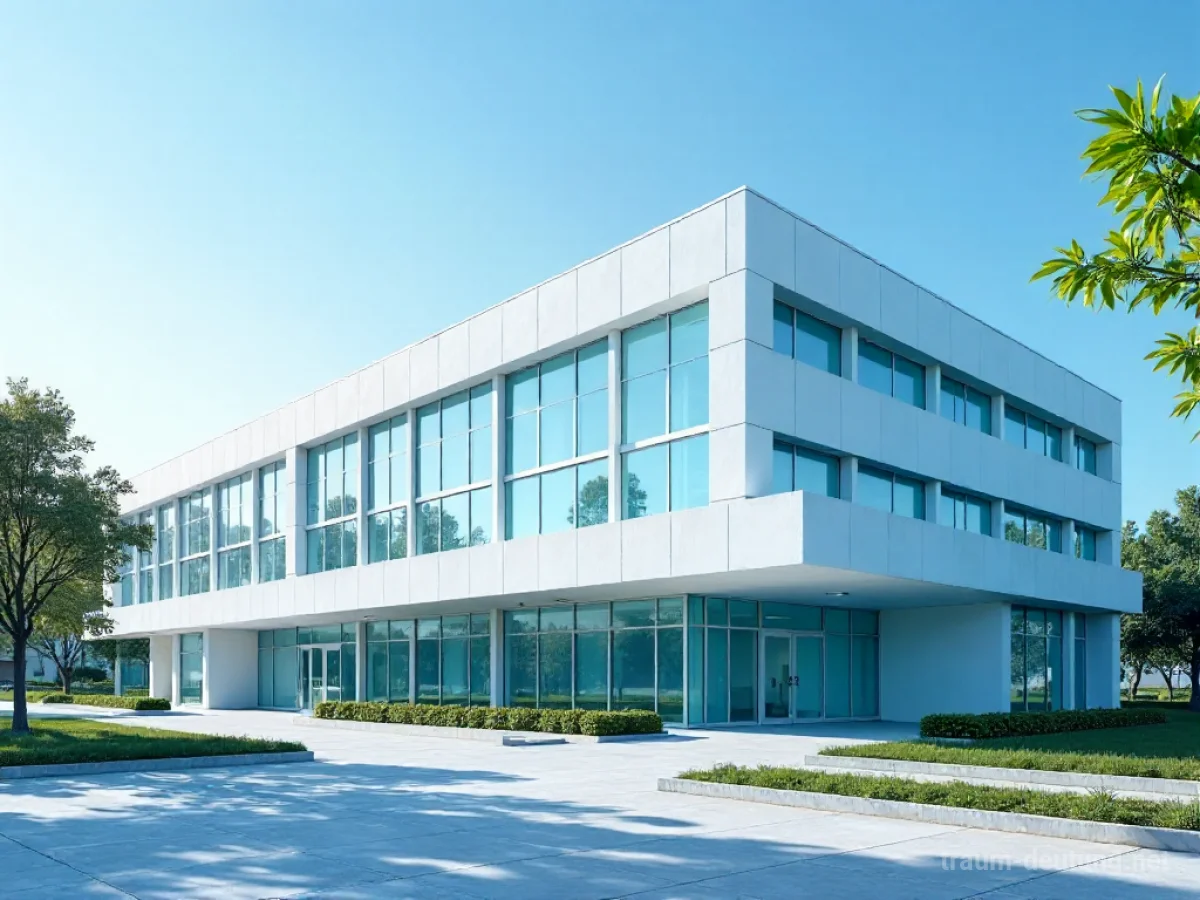 Moderne Klinik mit großen Fenstern und blauem Himmel