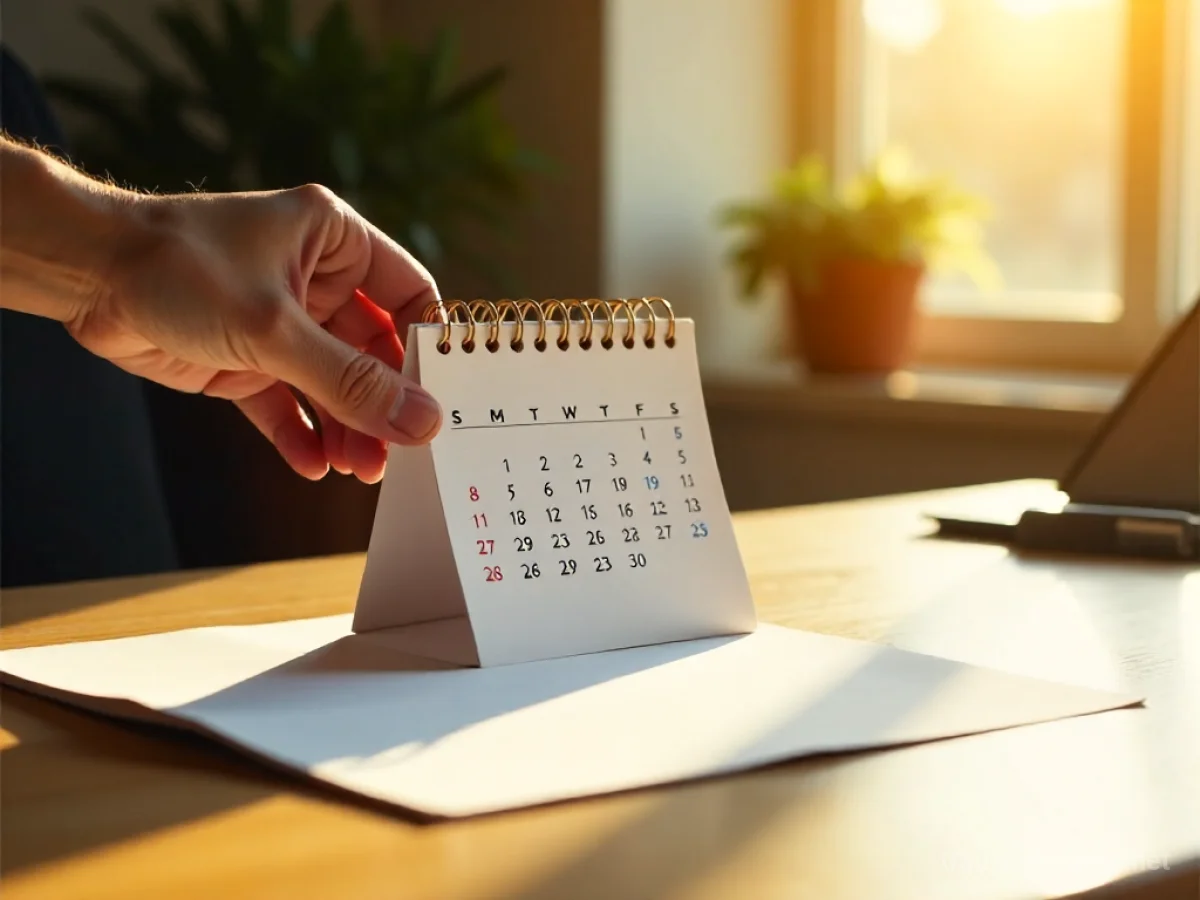 Hand legt neuen Kalender auf einen Schreibtisch.