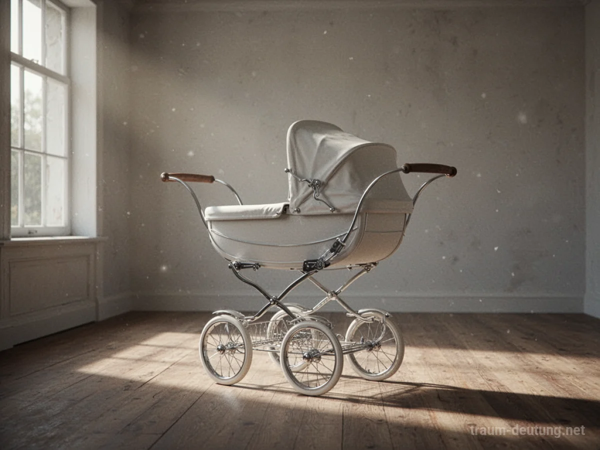 Ein neuer, leerer Kinderwagen in einem hellen Raum, der Potenzial und Zukunft symbolisiert.