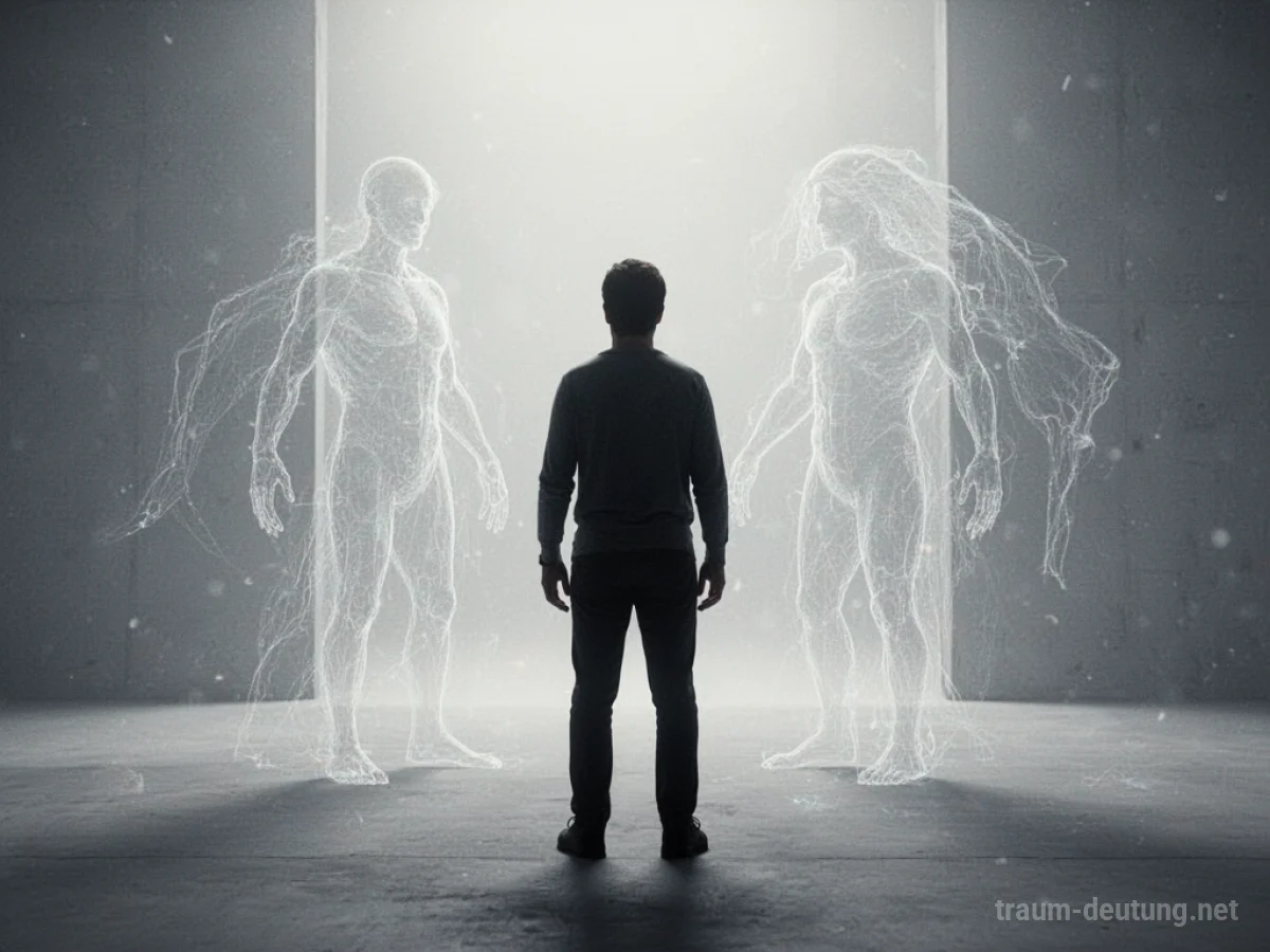 Silhouette einer Person, umgeben von schimmernden Umrissen eines neuen Körpers.