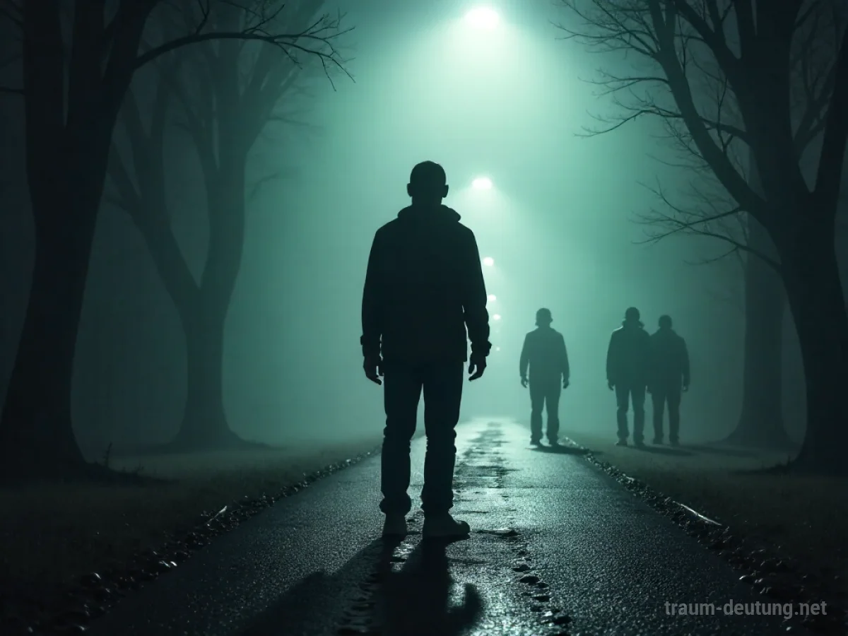 Eine Person steht verzweifelt da, während Schatten sich nähern.