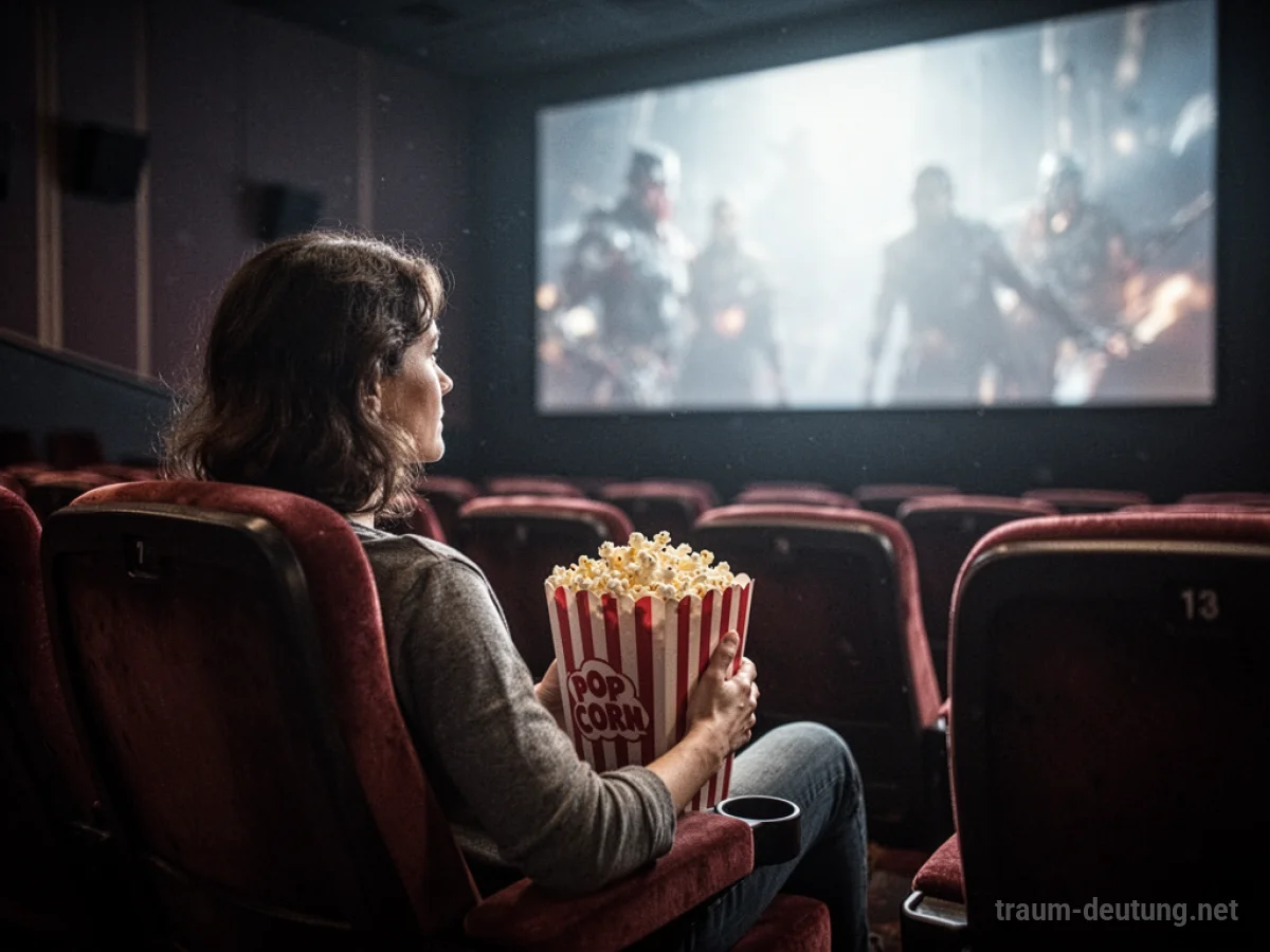 Person isst Popcorn in einem dunklen Kinosaal und blickt auf die Leinwand.