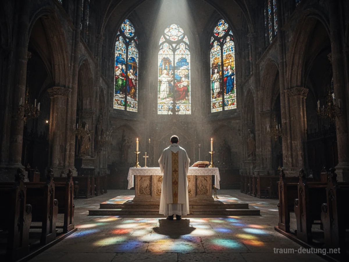 Priester steht allein im Altarraum einer großen, dunklen Kirche.