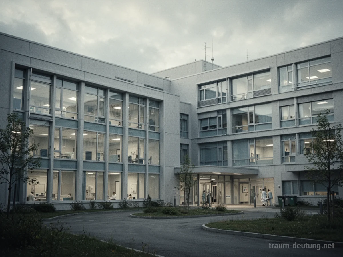 Moderne psychiatrische Klinik mit großen Fenstern bei bewölktem Himmel.