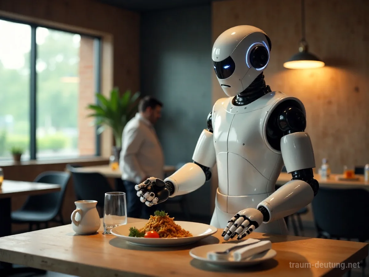 Roboter-Kellner serviert Essen an einem Tisch in einem modernen Restaurant