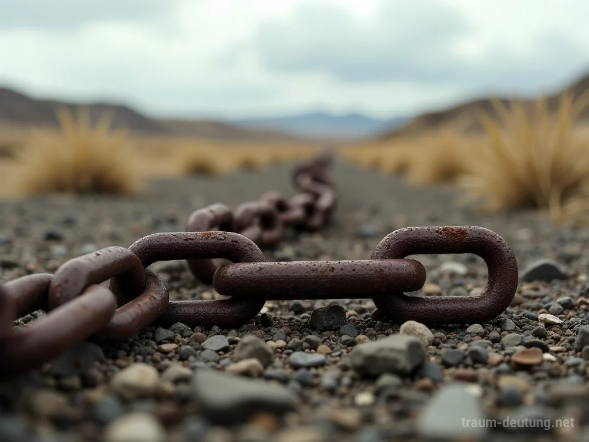Eine rostige Kette liegt auf trockenem Boden, ein Glied ist gebrochen.