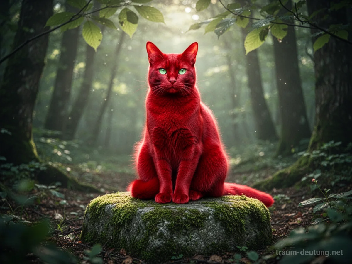 Eine rote Katze mit leuchtenden Augen sitzt in einem mystischen Wald.