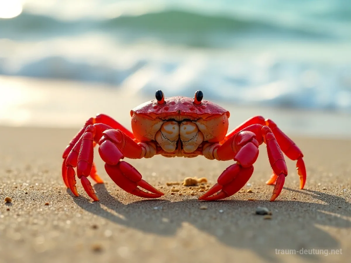 Eine rote Krabbe auf Sand mit sanften Wellen im Hintergrund.