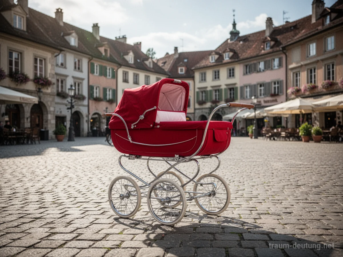 Ein roter Kinderwagen steht auf einer Kopfsteinpflasterstraße.