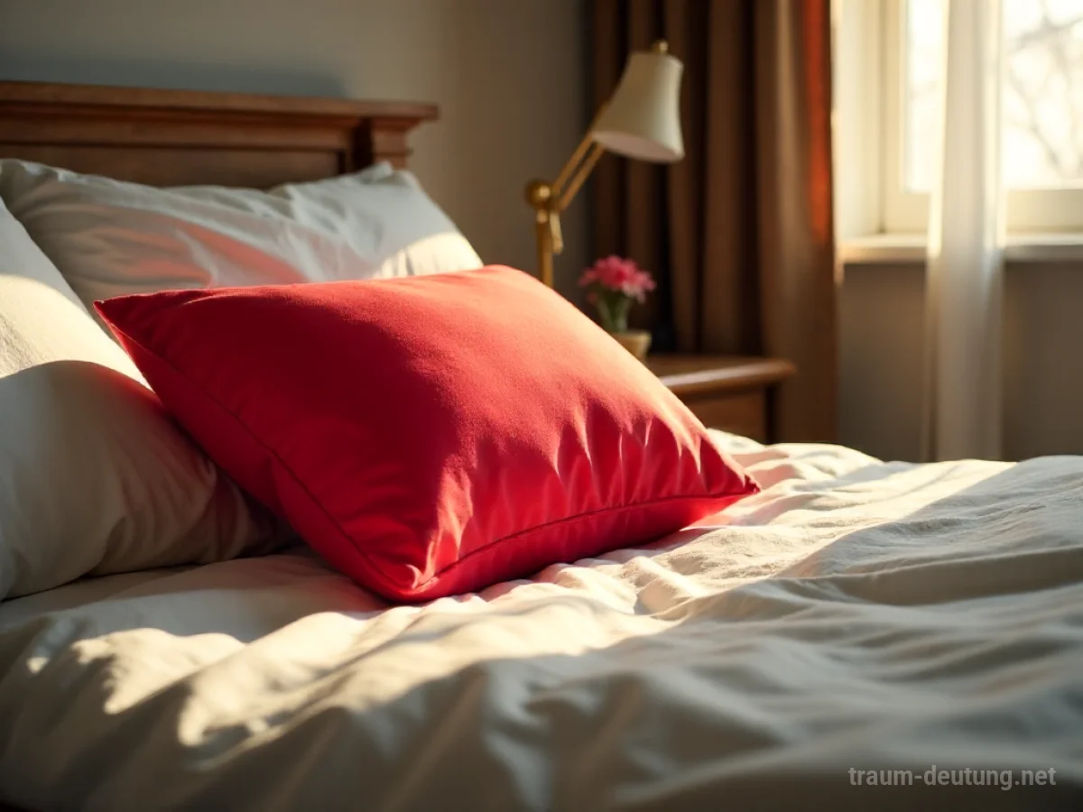 Ein rotes Kissen liegt auf einem Bett.