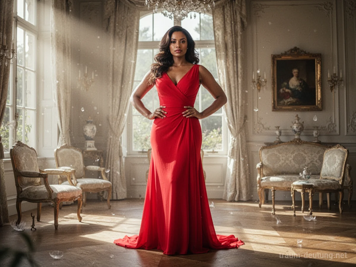 Frau trägt ein leuchtend rotes Kleid in einem eleganten Raum