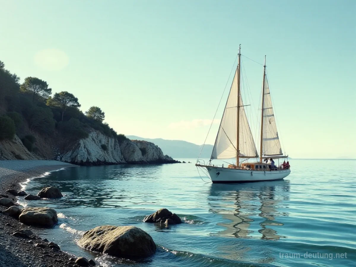 Ein Segelschiff liegt vor einer Küste vor Anker, ruhiges Meer und Himmel.