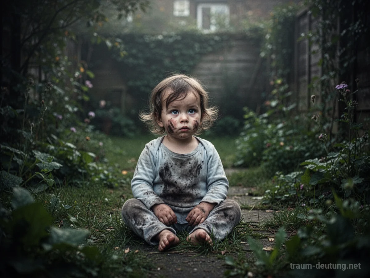 Kind sitzt allein in einem verwilderten Garten, Kleidung schmutzig