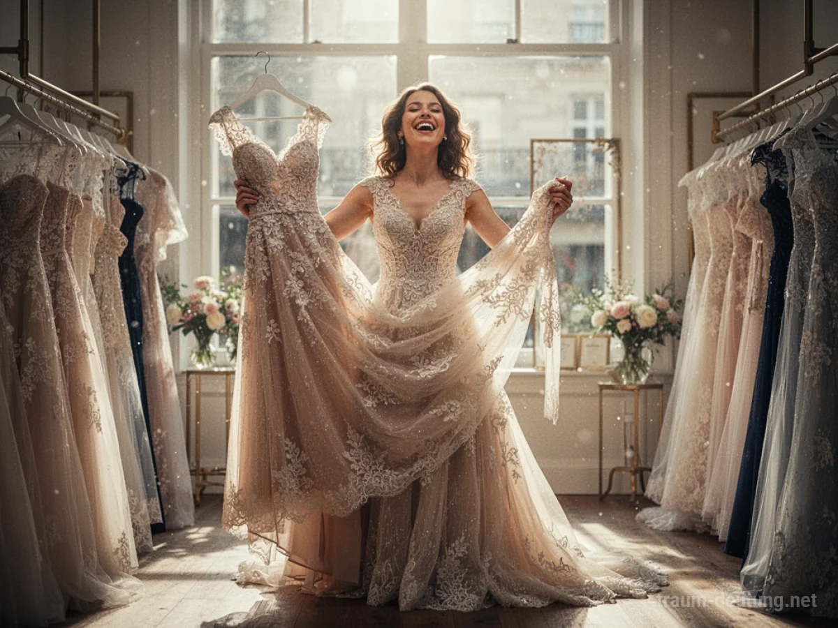 Eine Frau hält ein schönes Kleid in einer hellen Boutique.