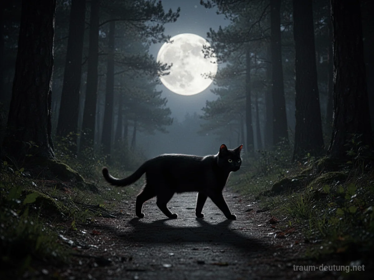 Silhouette einer schwarzen Katze auf einem mondbeschienenen Pfad im Wald