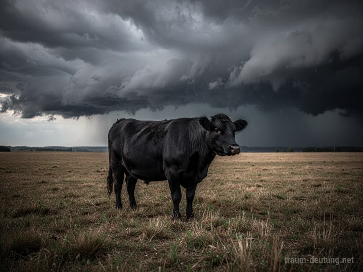 Eine einzelne schwarze Kuh steht auf einem weiten Feld unter einem stürmischen Himmel.