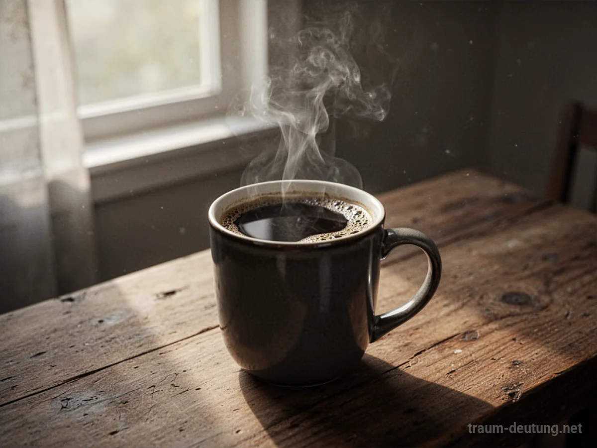 Eine dampfende Tasse schwarzen Kaffees auf einem Holztisch im Morgenlicht.