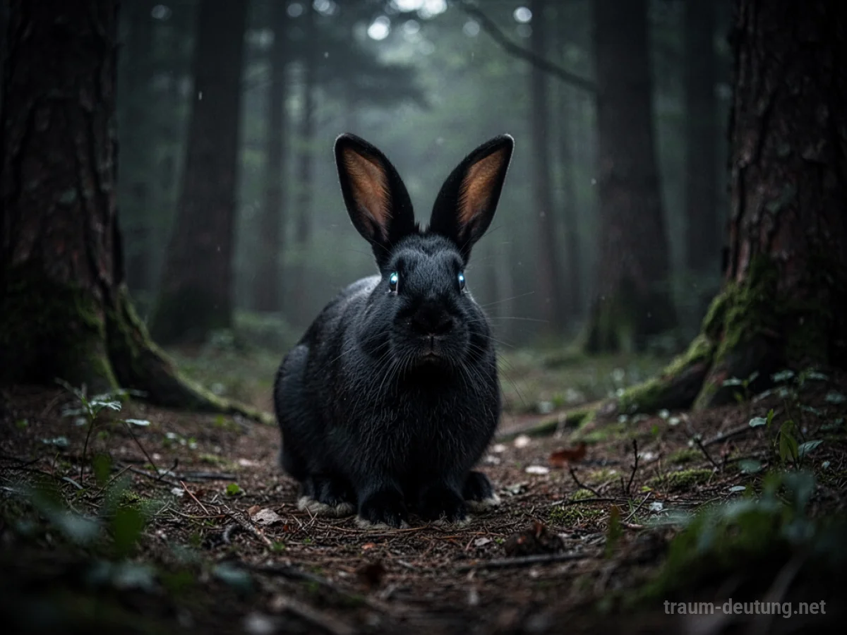 Schwarzes Kaninchen tritt aus dunklem Wald hervor