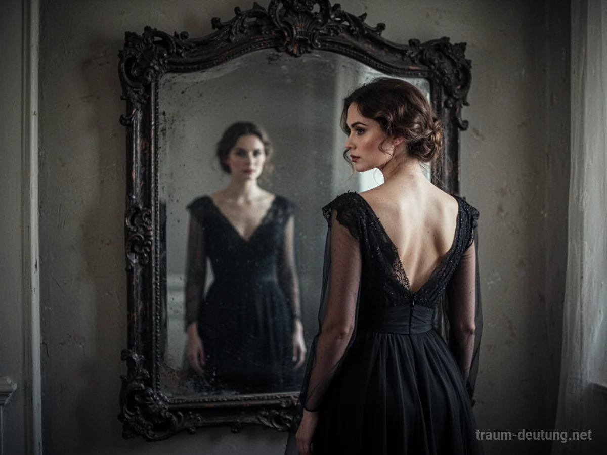 Frau in einem eleganten schwarzen Kleid blickt in einen Spiegel, ihr Spiegelbild ist unscharf.
