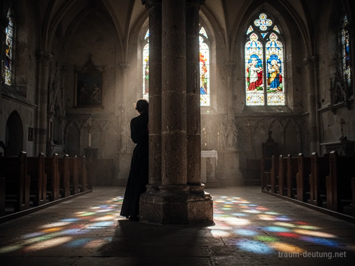 Silhouette einer Person, die sich in einer Kirche hinter einer Säule versteckt