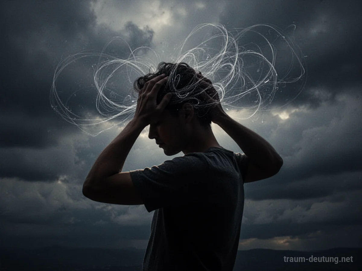 Silhouettenperson mit Hand am Kopf, umgeben von abstrakten Linien.
