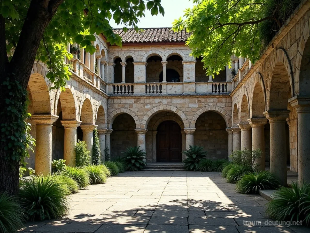 Stille im Kloster mit sonnenbeschienenen Steinfassaden und ruhigem Innenhof