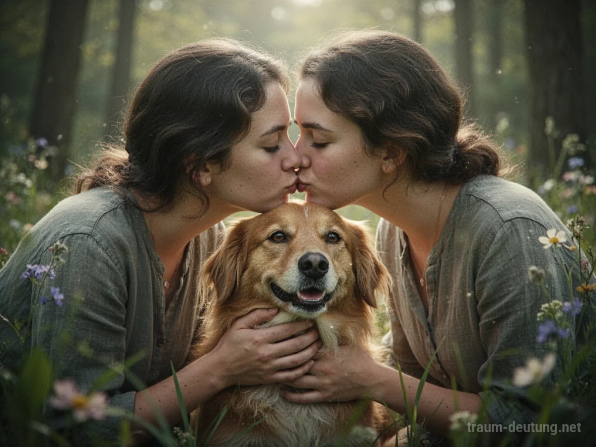 Eine Person küsst liebevoll den Kopf eines Hundes in einer grünen Wiese.