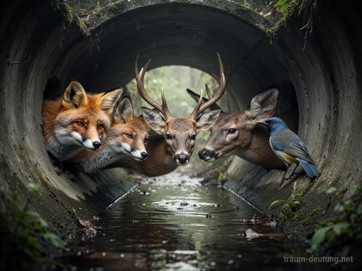 Tiere schauen aus einem dunklen Kanal heraus.