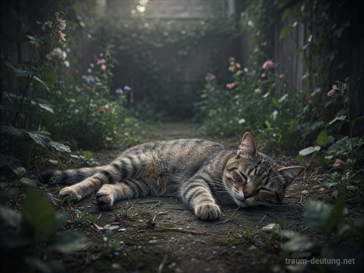 Eine tote Katze liegt still im Gras.