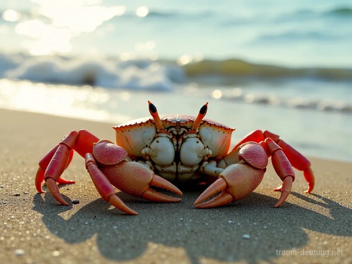 Eine tote Krabbe am Strand mit sanften Wellen